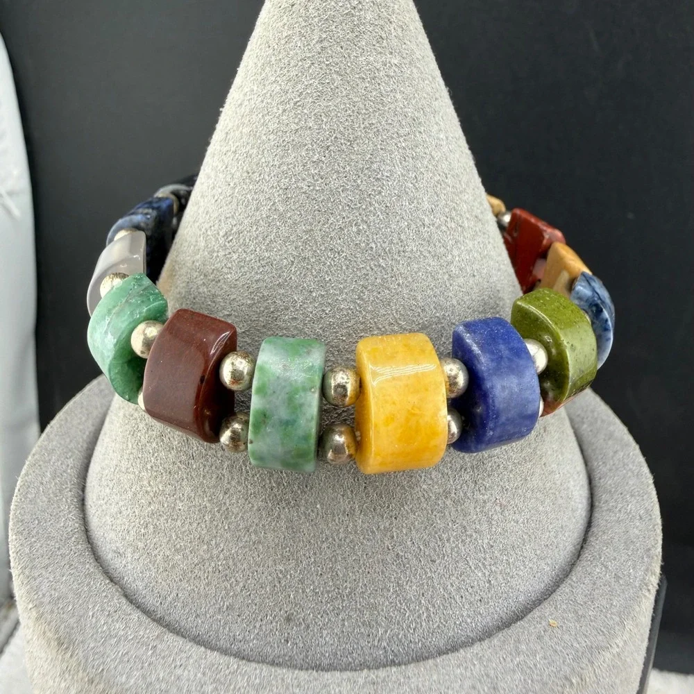 Vintage Bracelet Multicolor Natural Stone Boho Stretch 7in
